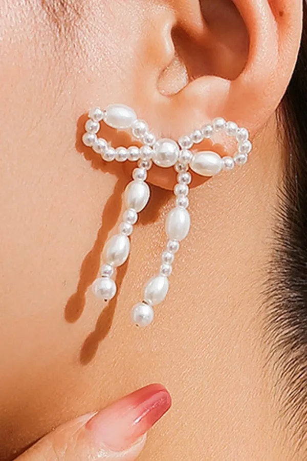 Pearl Beaded Bowknot Earrings - Image 3